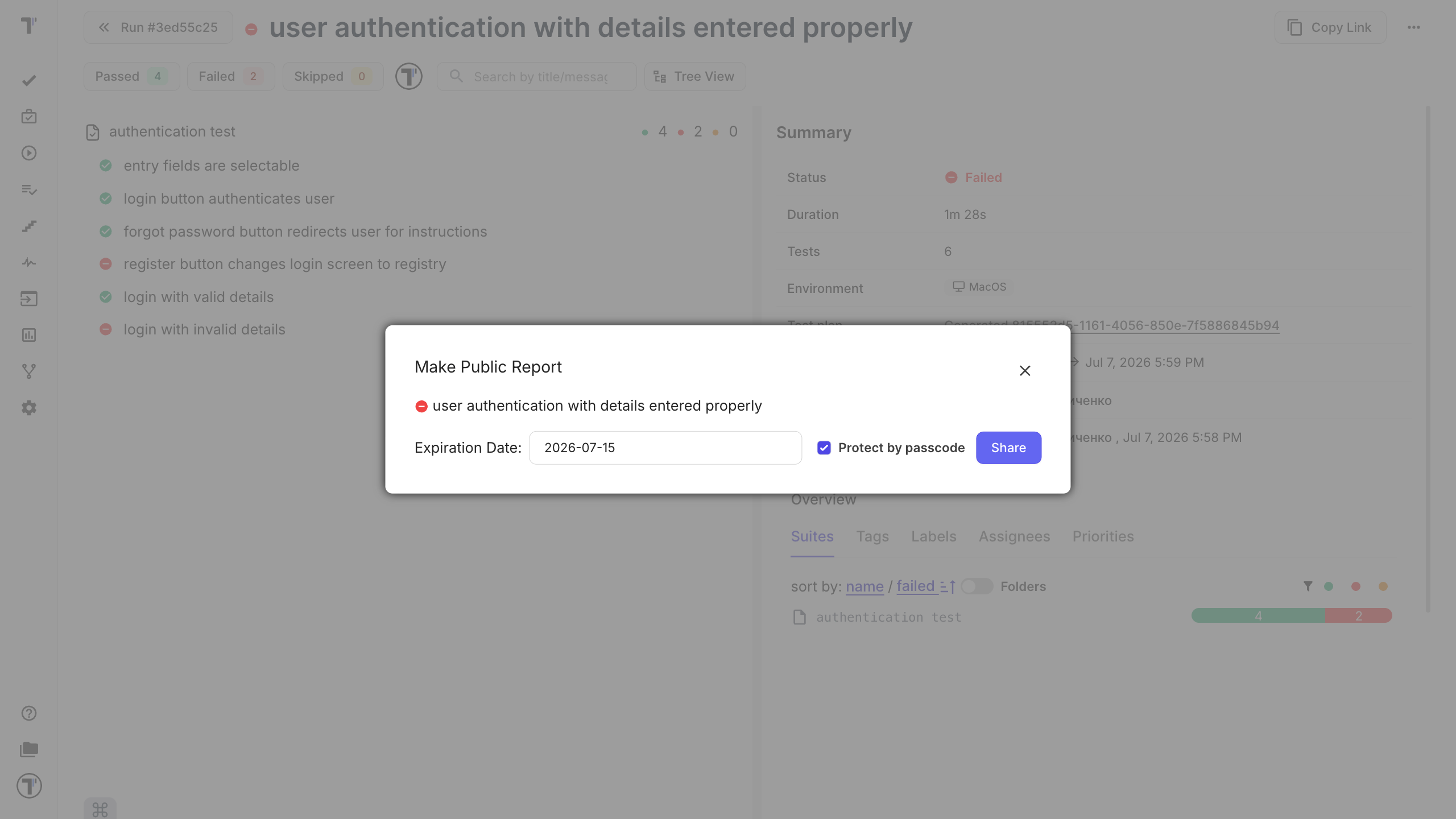 The Share Report Publicly options with expiration date and passcode