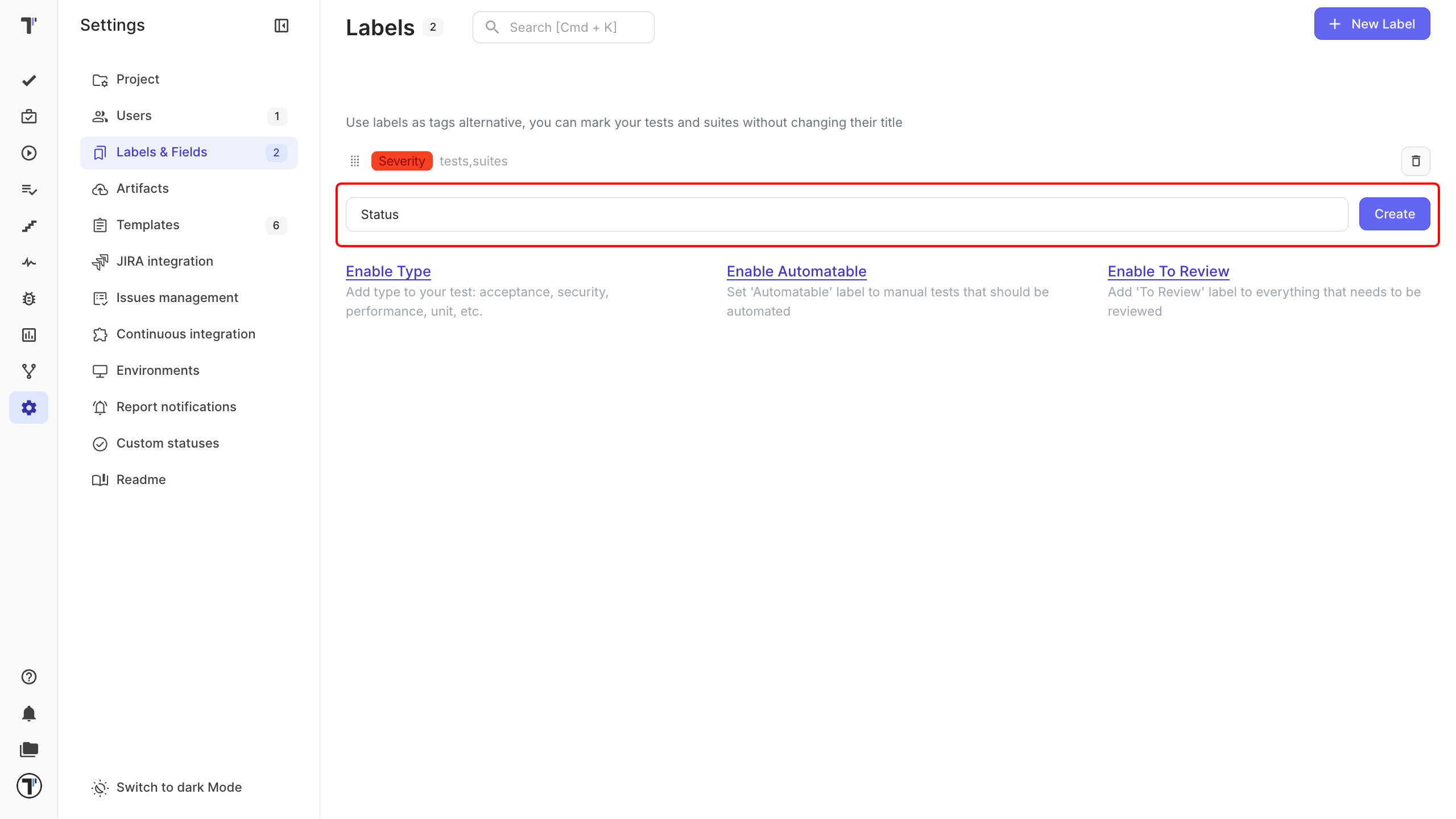 Creating a label in Testomat.io
